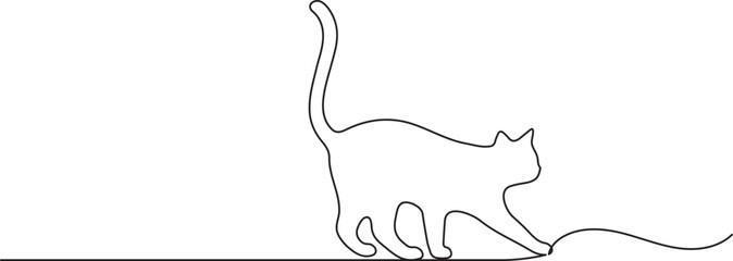 Continuous black line illustration of a walking cat on white background in simple vector design