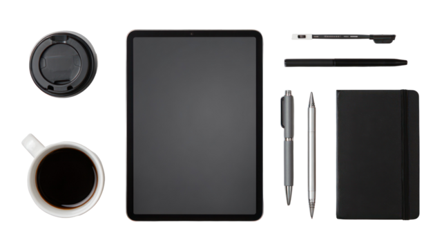 Organized minimalist workspace setup with tablet on transparent background


