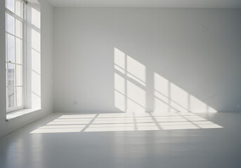 Obraz premium Empty White Room with Natural Light, Window Shadows on Floor and Wall, Modern Interior Space Design