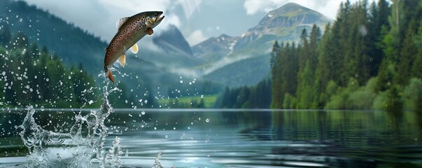 A trout leaping out of the water with droplets splashing around, set against a backdrop of a serene mountain lake surrounded by dense forest. 40k, full ultra hd, high resolution