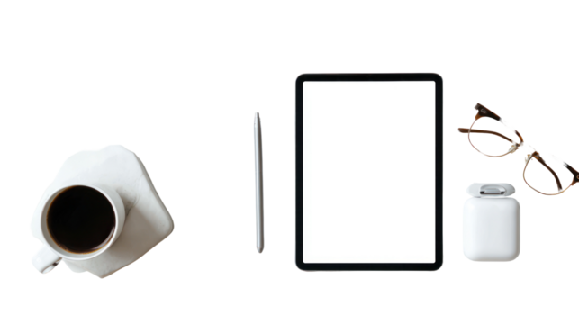 Organized minimalist workspace setup with tablet on transparent background

