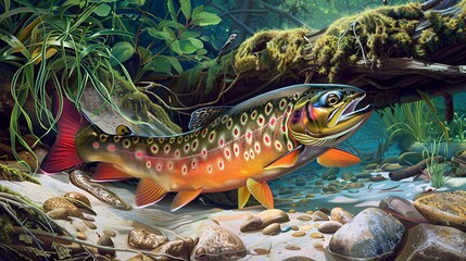 A vibrant trout resting near the riverbed, with detailed illustrations of its scales and fins, set against a backdrop of lush aquatic vegetation. 40k, full ultra hd, high resolution