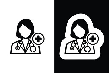 Female Doctor or Nurse Icon with Stethoscope and Add Medical Cross Symbol