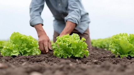 Farmer tending to lush green lettuce in an open field, agriculture practices, hands-on farming during spring rural worker harvesting produce, farming techniques, vegetable gardening in countryside