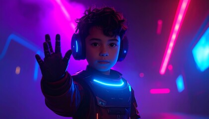 Cute robot like a child is looking directly to camera and showing something with his hand, Generative AI