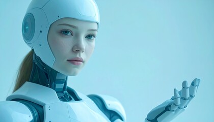 Cute female robot is looking directly to camera and showing something with her hand, Generative AI
