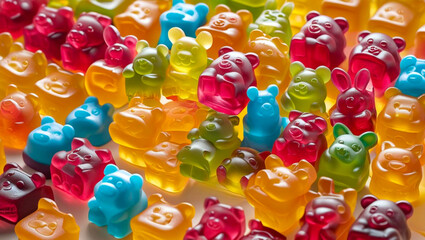 A colorful assortment of gummy bear and rabbit candies, close-up, showing various colors and shapes.
