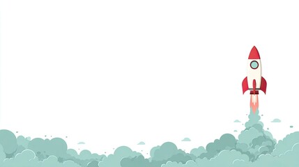 Red and White Rocket Launching Through Teal Clouds