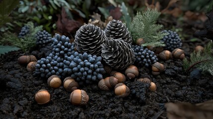Pine Cones, Acorns and Greenery on Rich Dark Soil Background