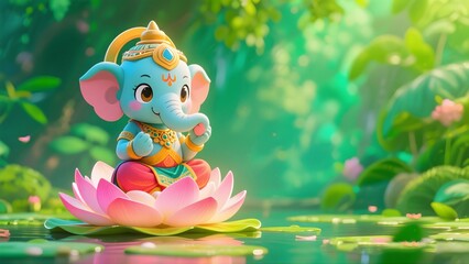 Colorful Cartoon Elephant Sitting on a Lotus Flower in a Vibrant Green Forest