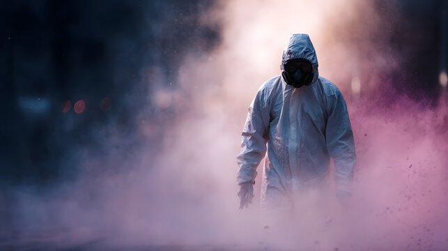 Worker in hazmat suit sanitizing public space