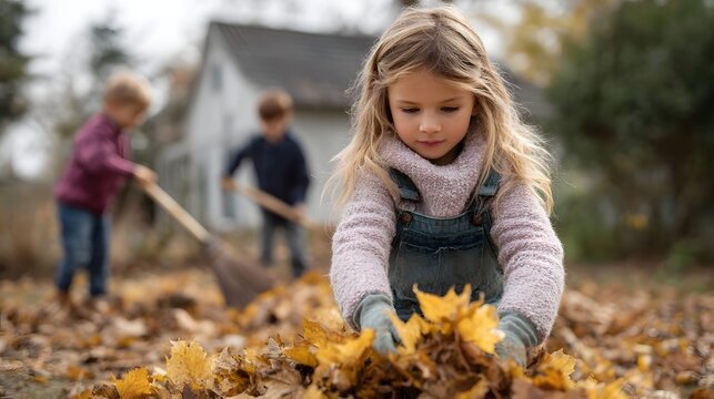 Children helping sweep fallen leaves in autumn outdoors
