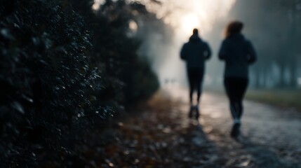 Fototapeta premium Joggers silhouetted in a misty atmospheric park
