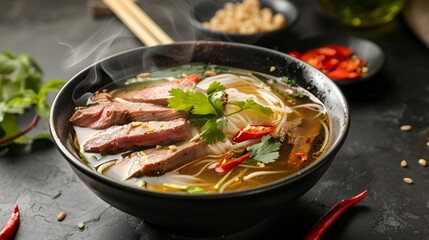 A bowl of steaming hot pho with noodles, herbs, and slices of beef.