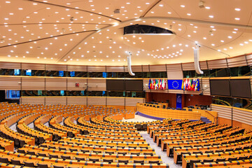 Interior of the plenary room of the European parliament in Brussels, Belgium