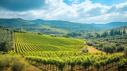 Fototapeta premium Lush vineyards stretch across rolling hills under a bright sky.