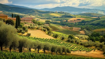 Naklejka premium Picturesque vineyard landscape with rolling hills and homes.