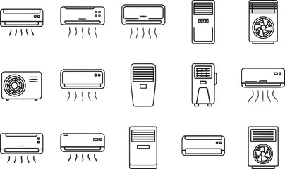 Air conditioner editable stroke outline icons set isolated on white background flat vector illustration. Pixel perfect