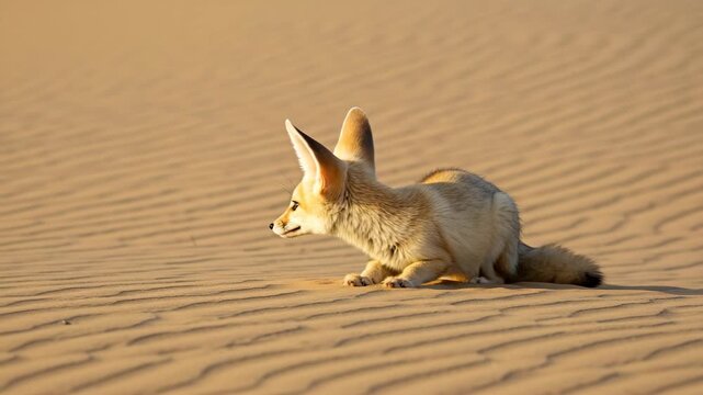 Tan Fennec Fox Sitting on Rippled Sand Dunes Under Warm Sunlight in Desert Environment
