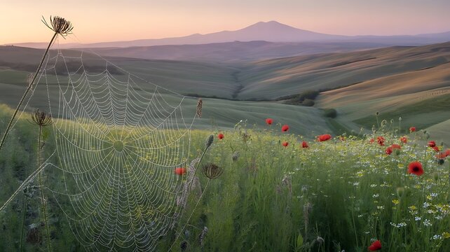 A spiderweb glistens in the tuscan countryside at sunrise - Powered by Adobe