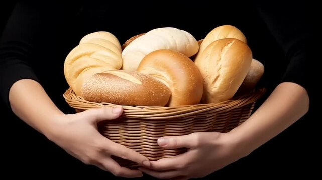 A person holds a wicker basket filled with assorted bread rolls, showcasing artisanal bakery products, highlighting the diversity in bread types for culinary presentations