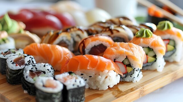 A delicious platter of assorted sushi rolls on a wooden board, garnished with fresh ginger and wasabi.