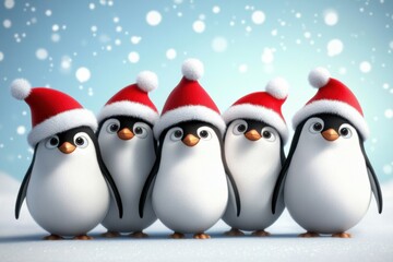 Fototapeta premium Penguins in Santa Hats: Cute Cartoon Illustration on Snowy Background of wearing Hats