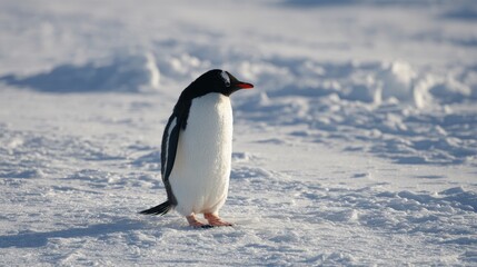 Single Gentoo Penguin on Snowy Antarctic Landscape