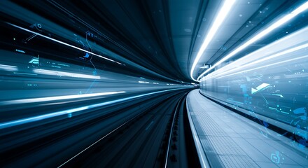 Abstract Tunnel View with Blue Light Streaks and Railway Tracks