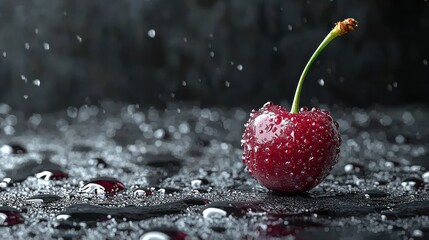 Single cherry, rain drops, dark background, food photography, website banner