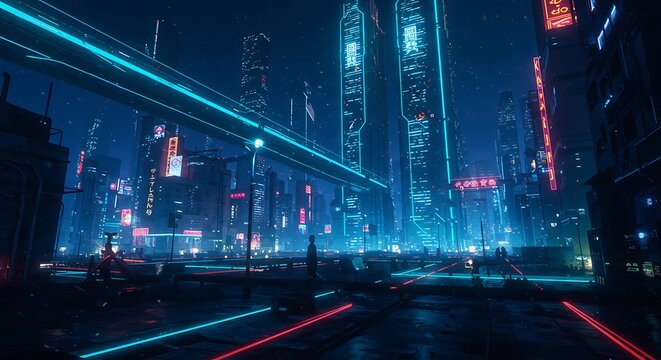 Futuristic Cityscape with Neon Lights at Night - Powered by Adobe