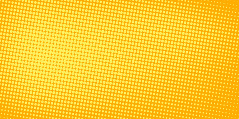 Yellow halftone pattern. Retro comic gradient background. Bright orange pixelated dotted texture overlay. Cartoon pop art faded gradient pattern. Vector backdrop for poster, banner, advertisement