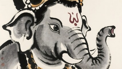 Traditional Indian Painting of Elephant Deity with Intricate Details and Gold Accents