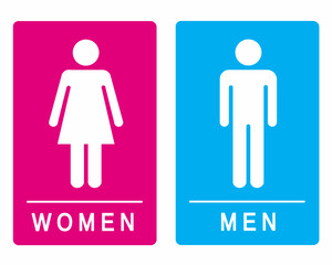 Simple restroom icon design showing male and female symbols with bold pink and blue backgrounds. Perfect for public washroom signage, vector illustration in flat modern style.