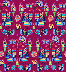 Birds Butterflies and Floral Colorful Mexican Motif Seamless Repeat