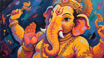 Vibrant Abstract Painting of Lord Ganesha with Colorful Swirls and Textured Brushstrokes