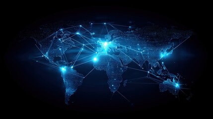 A glowing digital world map showcasing interconnected global data points and network connections in a futuristic blue design.
