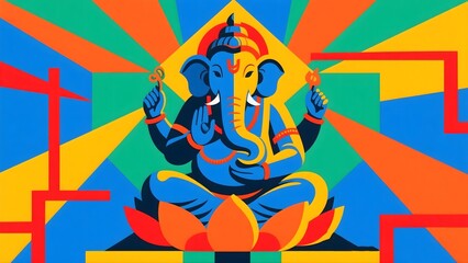 Vibrant Illustration Of Blue Elephant God Sitting On Lotus With Colorful Background Elements