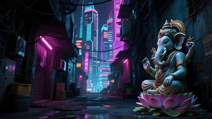Vibrant Neon Cityscape with Lord Ganesha Statue Surrounded by Lotus in Urban Alley