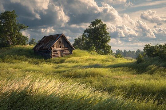 Rustic Wooden Shack in a Field of Tall Grass Under a Cloudy Sky