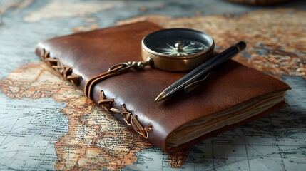 Old book and compass on wooden table vintage study objects with magnifying glass and glasses.