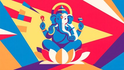 Vibrant Lord Ganesha Illustration with Geometric Shapes and Bright Colors Integrating Spiritual Symbols