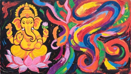Vibrant Painting of Lord Ganesh Surrounded by Colorful Swirling Patterns and Lotus Flowers