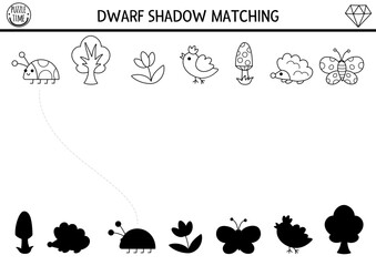Fototapeta premium Dwarf shadow matching activity with forest symbols and animals. Fairytale black and white puzzle with hedgehog, bird. Find correct silhouette printable worksheet, game, coloring page for kids