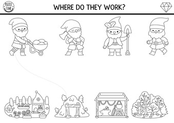Matching activity with dwarfs going to work. Forest black and white puzzle with gnomes, smithy, garden, mine. Match objects game. Magic creature coloring page, printable worksheet