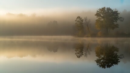 Fototapeta premium A tranquil lake reflects trees in the early morning fog