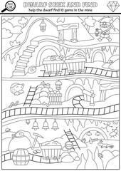 Fototapeta premium Dwarf vector black and white searching game with underground mine landscape. Spot hidden gems. Seek and find printable activity or coloring page for kids with goldmine tunnel, railways