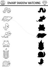 Woodland shadow matching activity with forest animals and insects. Fairytale black and white puzzle with mole, bird, mouse. Find correct silhouette printable worksheet, game, coloring page for kid
