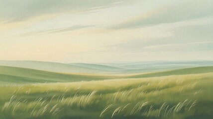 A peaceful landscape with rolling green hills under a cloudy sky