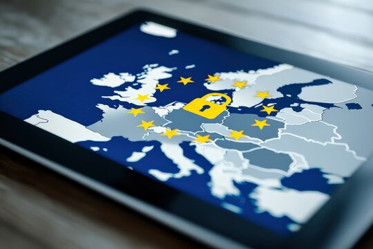 A digital tablet displays a map of Europe with a European Union flag and a yellow padlock symbolizing data protection and cybersecurity.
